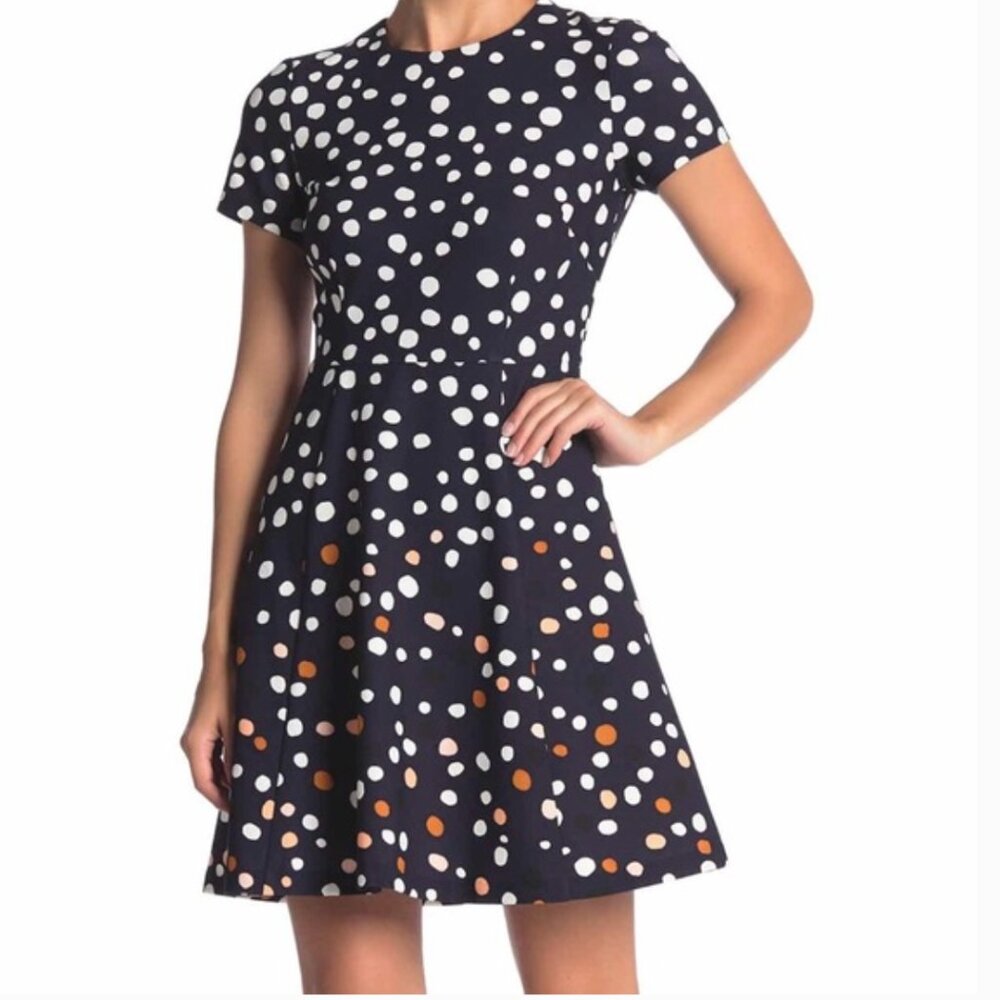 NWT $128 Vince Camuto Polka Dot Short Sleeve Fit & Flare Dress in NAVY MULTI-2P!